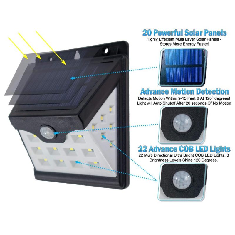 Security Lighting |   22 LED Solar Lights Wireless Waterproof Motion Sensor Outdoor Light for Patio, Deck, Yard with Motion Activated Auto On/Off Black Outdoor Lighting Black